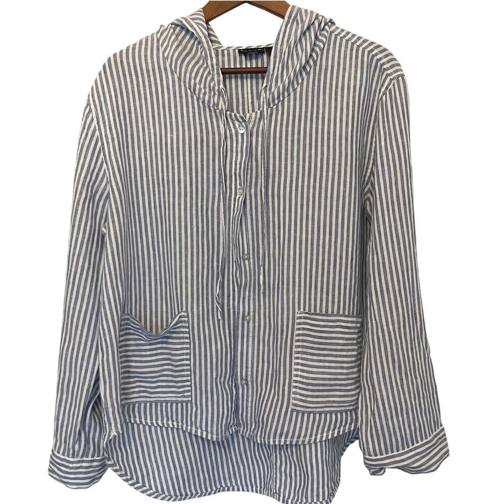 TAHARI Women's Linen Button Down Hoodie Beach Loungewear Shirt Size Large